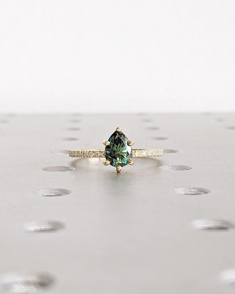1ct 2ct 3ct Green Moissanite Ring | Pear Cut Green Moissanite Engagement Ring | Green Stone Ring | Hidden Halo Dainty 14K Gold Promise Ring