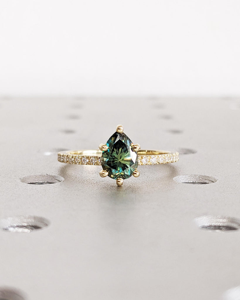 1ct 2ct 3ct Green Moissanite Ring | Pear Cut Green Moissanite Engagement Ring | Green Stone Ring | Hidden Halo Dainty 14K Gold Promise Ring