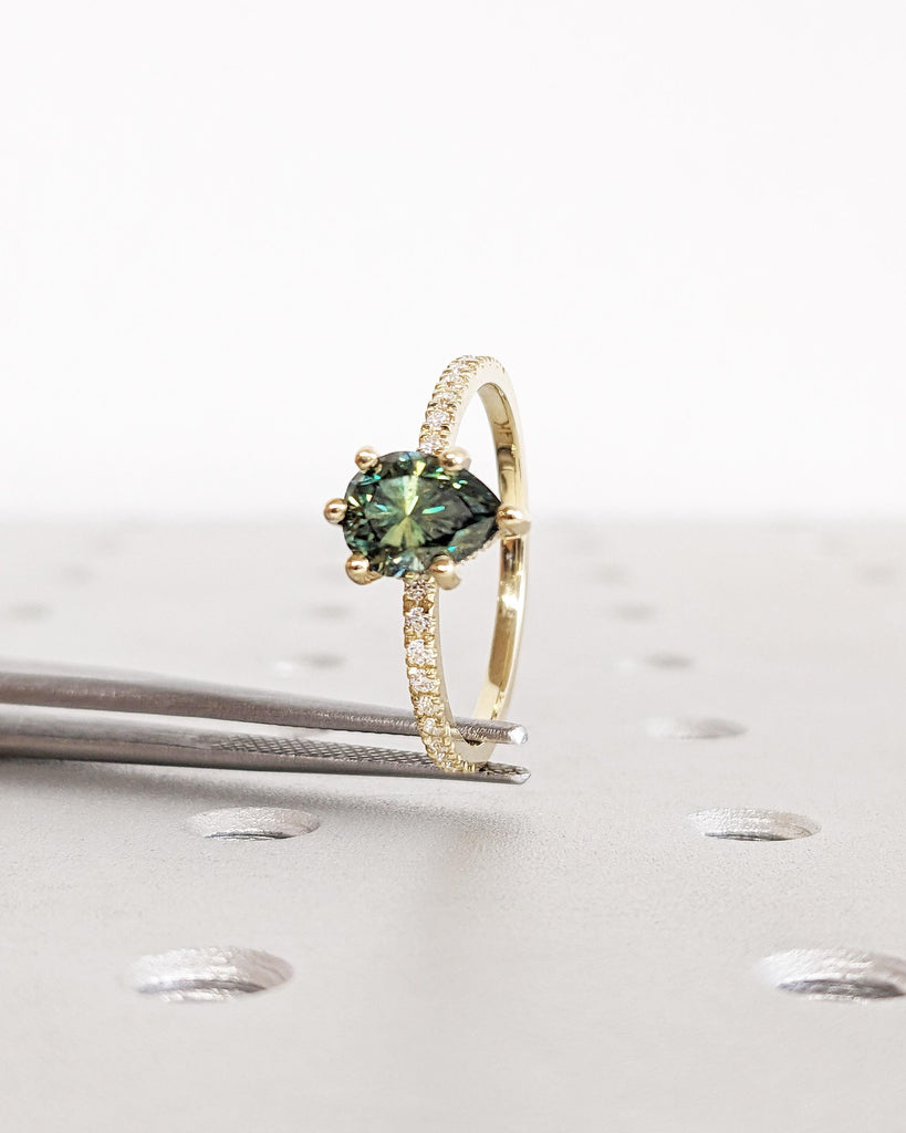 1ct 2ct 3ct Green Moissanite Ring | Pear Cut Green Moissanite Engagement Ring | Green Stone Ring | Hidden Halo Dainty 14K Gold Promise Ring