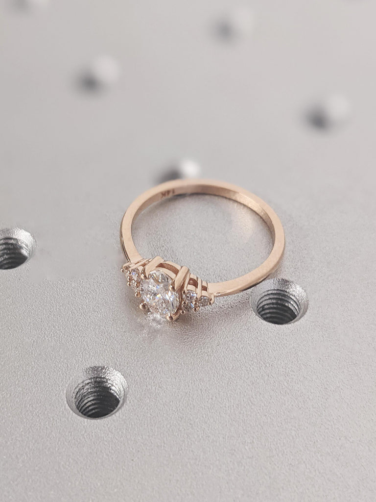 Vintage Oval Cut Moissanite Engagement Ring, Dainty 14K Solid Rose Gold Cluster Diamonds Wedding Band, Classic Art Deco White Diamond Ring