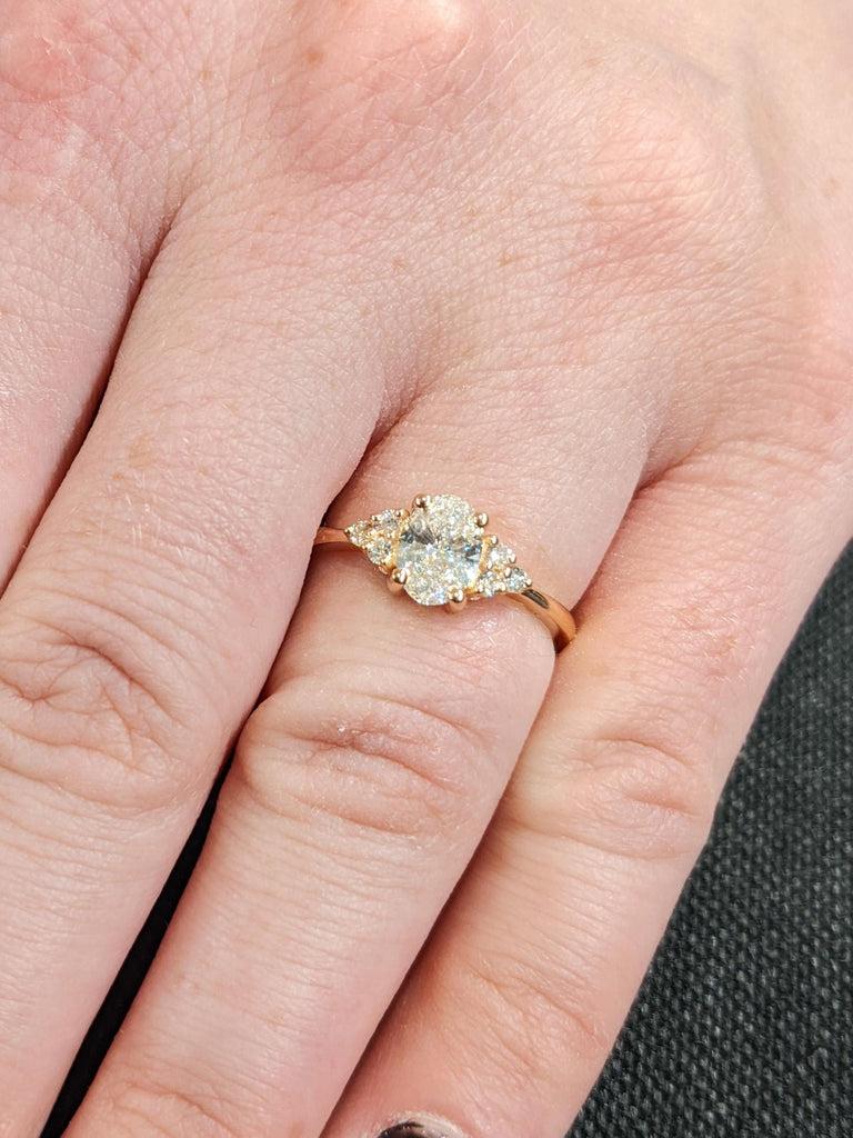 Vintage Oval Cut Moissanite Engagement Ring, Dainty 14K Solid Rose Gold Cluster Diamonds Wedding Band, Classic Art Deco White Diamond Ring