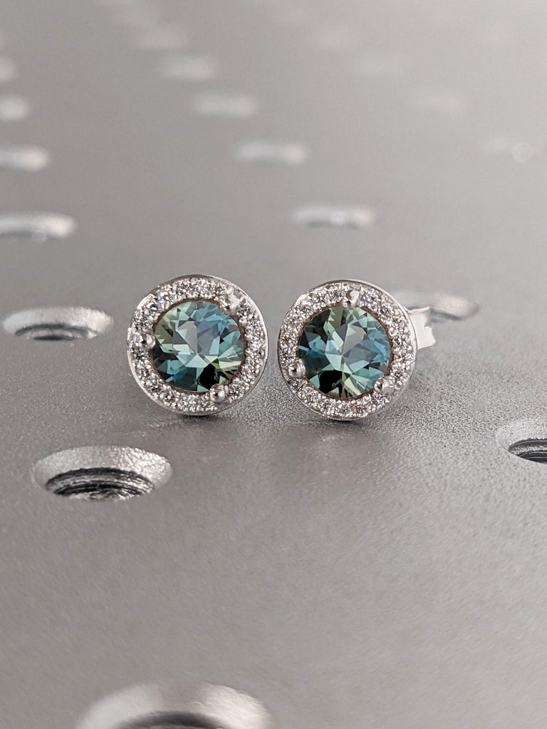 Unique Green Sapphire Stud Earrings | Lab Grown Diamond Halo Earrings | Solid Gold Wedding Earrings | September Birthstone Jewelry
