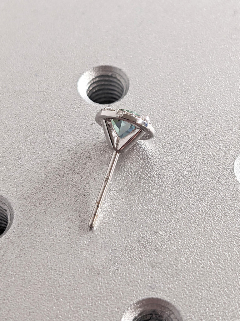 0.5ct Blue Green Sapphire Earrings | Solid Gold Round Halo Stud Woman Earrings | Gemstone Jewelry