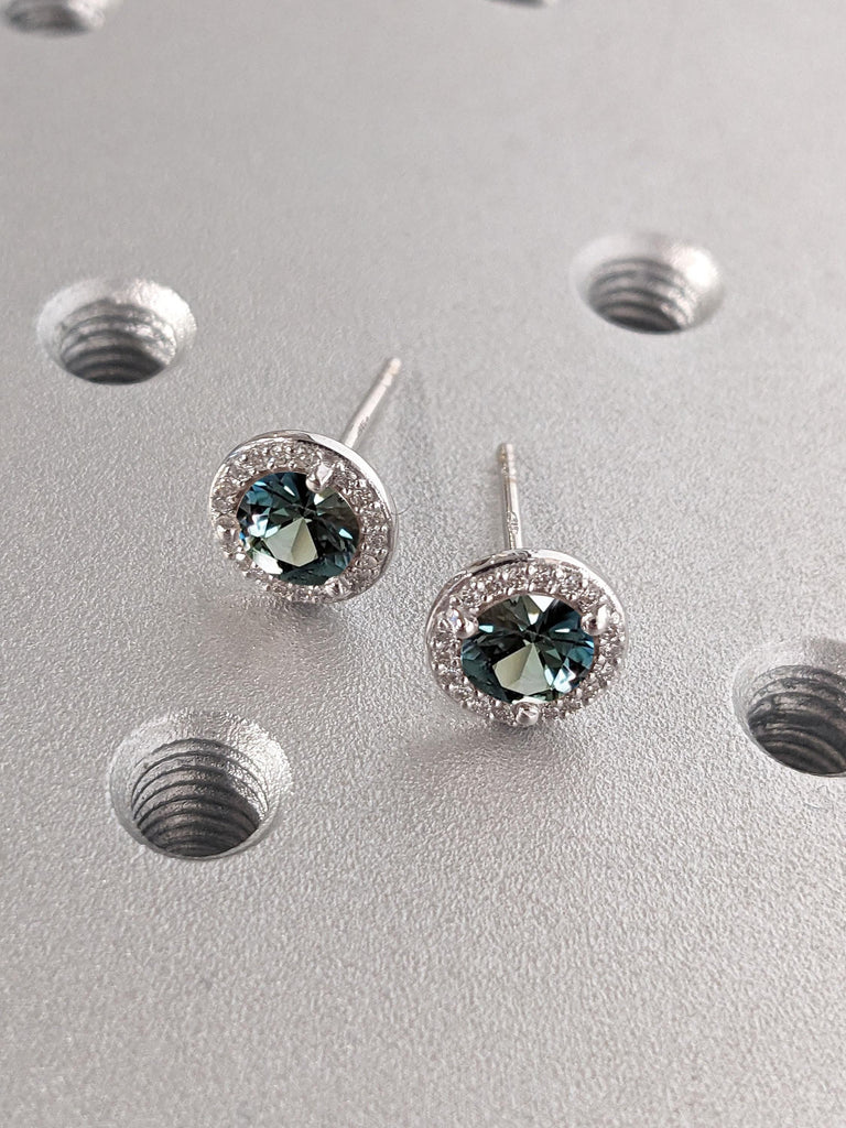 Teal Sapphire and Diamond Halo Earrings | Round Sapphire Earring | 14k White Gold Women Stud Earrings | Everyday Earring | Anniversary Gift