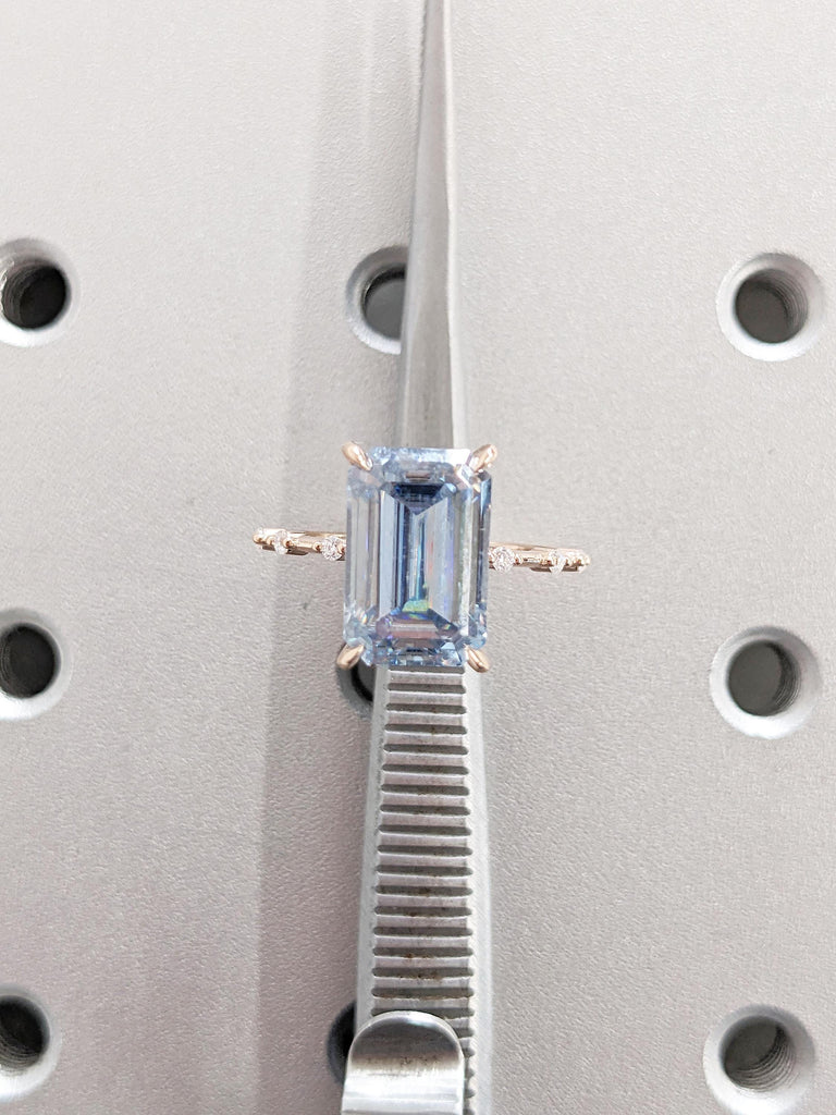 Rose Gold Emerald Cut Moissanite Engagement Ring, Blue Grey Moissanite Statement Ring, Diamond Half Eternity Ring, 0.5-4ct Moissanite Ring