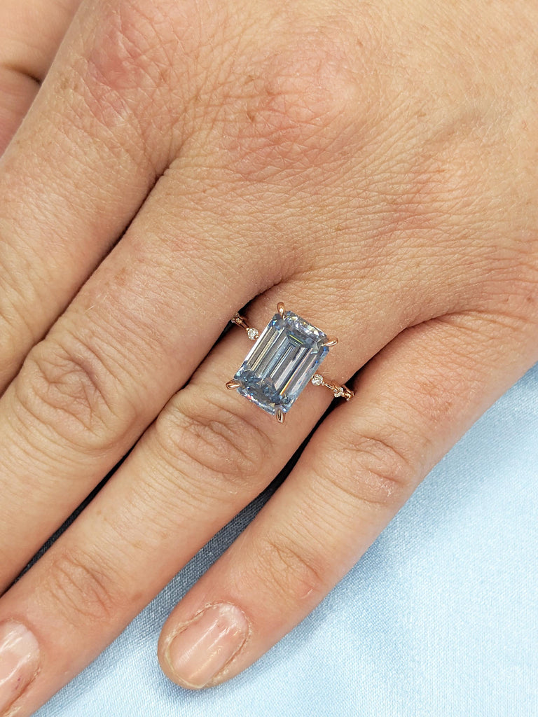 Rose Gold Emerald Cut Moissanite Engagement Ring, Blue Grey Moissanite Statement Ring, Diamond Half Eternity Ring, 0.5-4ct Moissanite Ring