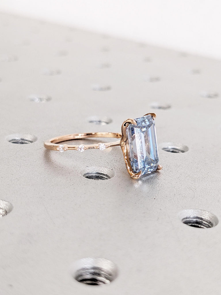 Rose Gold Emerald Cut Moissanite Engagement Ring, Blue Grey Moissanite Statement Ring, Diamond Half Eternity Ring, 0.5-4ct Moissanite Ring