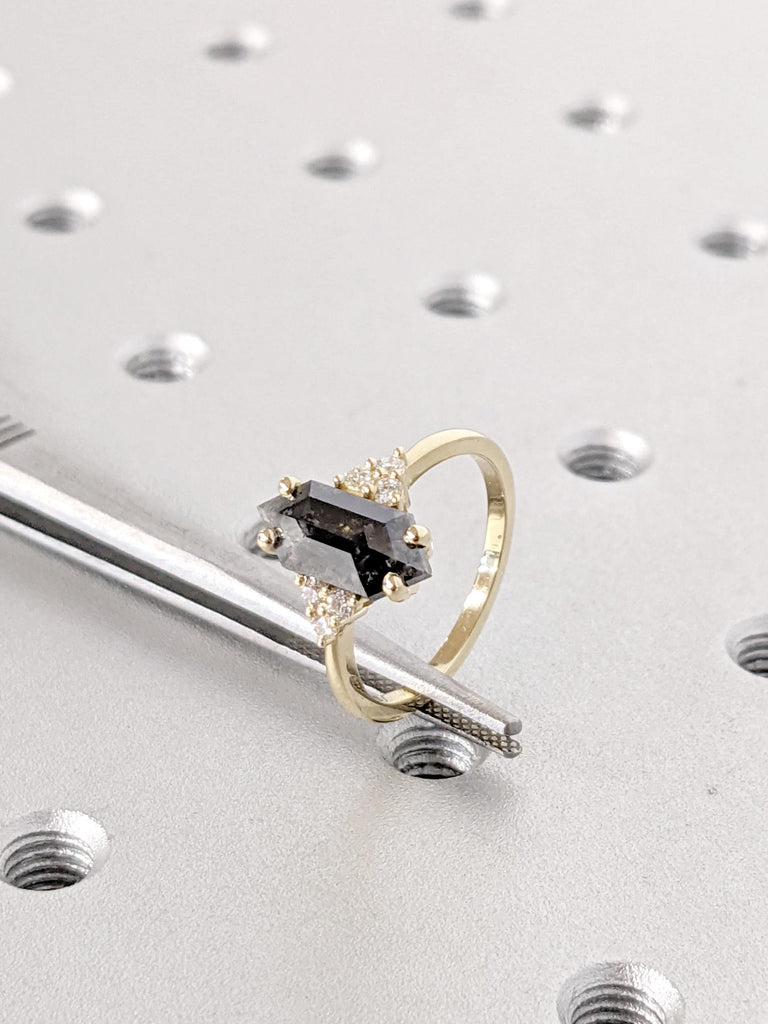 14K Yellow Gold Unique Salt and Pepper Diamond Ring | Hexagon Diamond Engagement Ring | Modern Alternative Wedding Ring | Raw Bridal Jewelry
