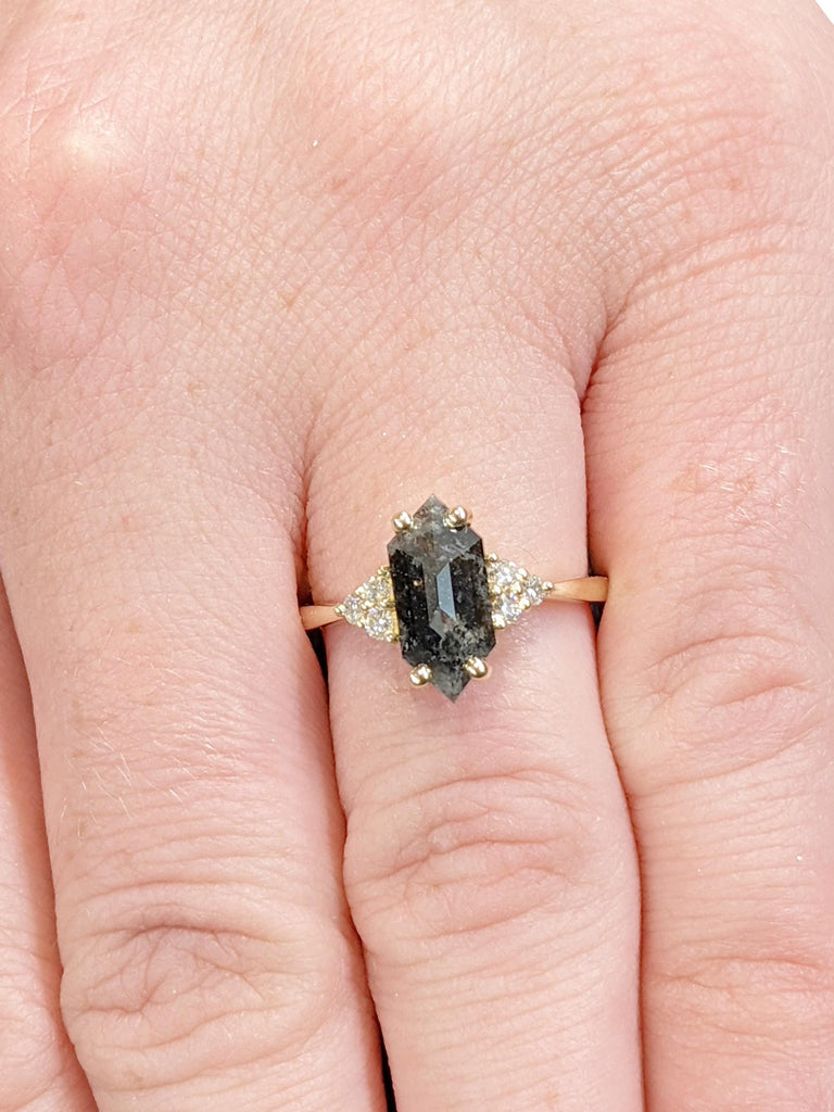 14K Yellow Gold Unique Salt and Pepper Diamond Ring | Hexagon Diamond Engagement Ring | Modern Alternative Wedding Ring | Raw Bridal Jewelry