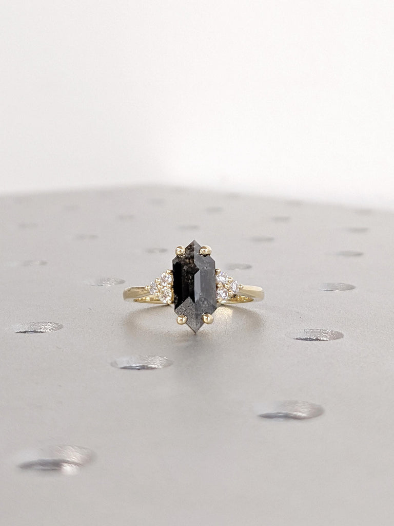 Salt and Pepper Hexagon Diamond Ring: 14K Yellow Gold Engagement Ring, Alternative Wedding Jewelry