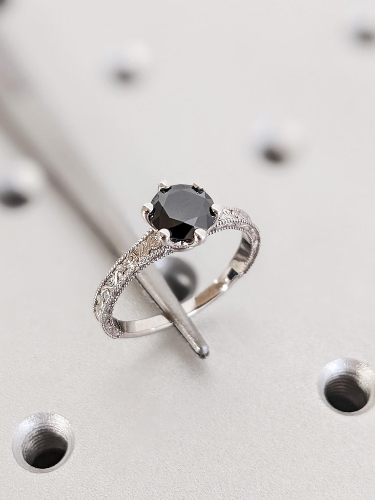 Vintage Round Cut Black Moissanite Bridal Engagement Ring, Classic Milgrain Women's Wedding Ring, 14K Solid White Gold Gold Filigree Band