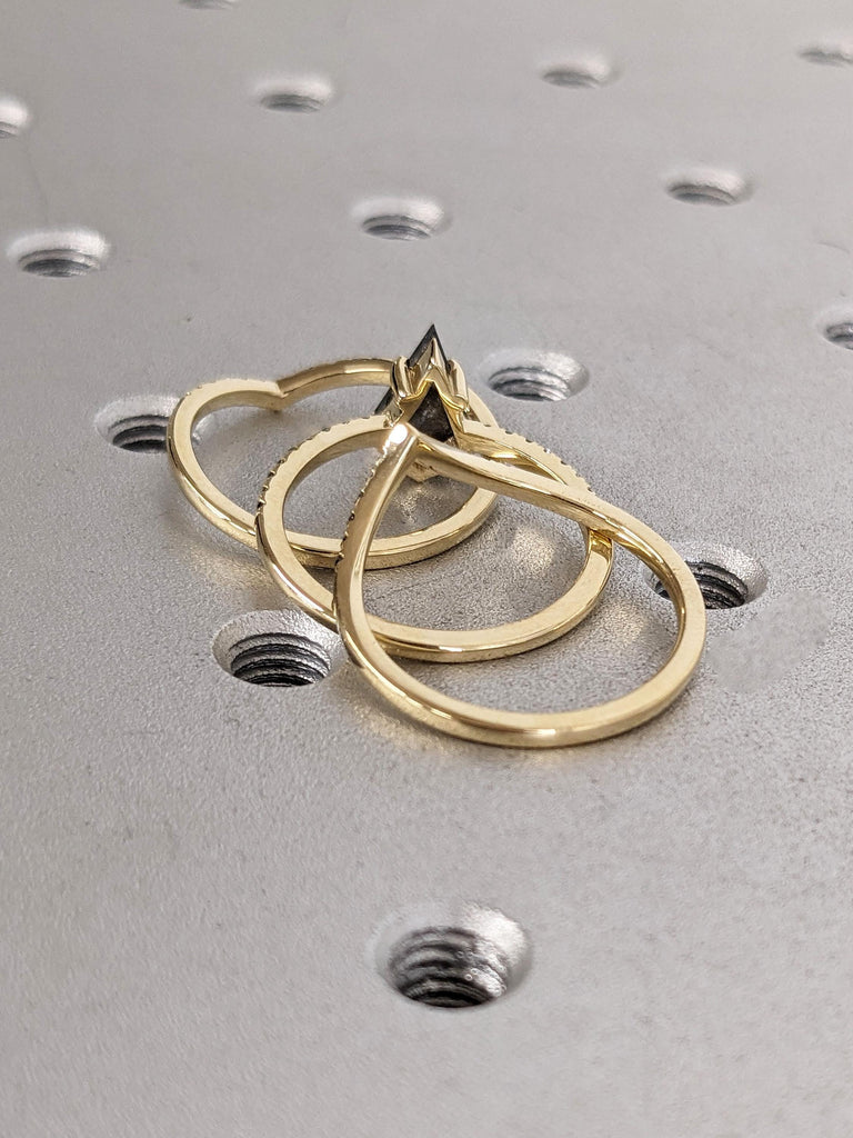 Delicate Engagement Ring in 14k Gold | Natural Diamond Chevron Stacking Ring | V Shaped Matching Wedding Band | Ombre Diamond Wedding Ring
