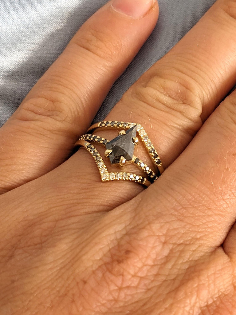 Delicate Engagement Ring in 14k Gold | Natural Diamond Chevron Stacking Ring | V Shaped Matching Wedding Band | Ombre Diamond Wedding Ring