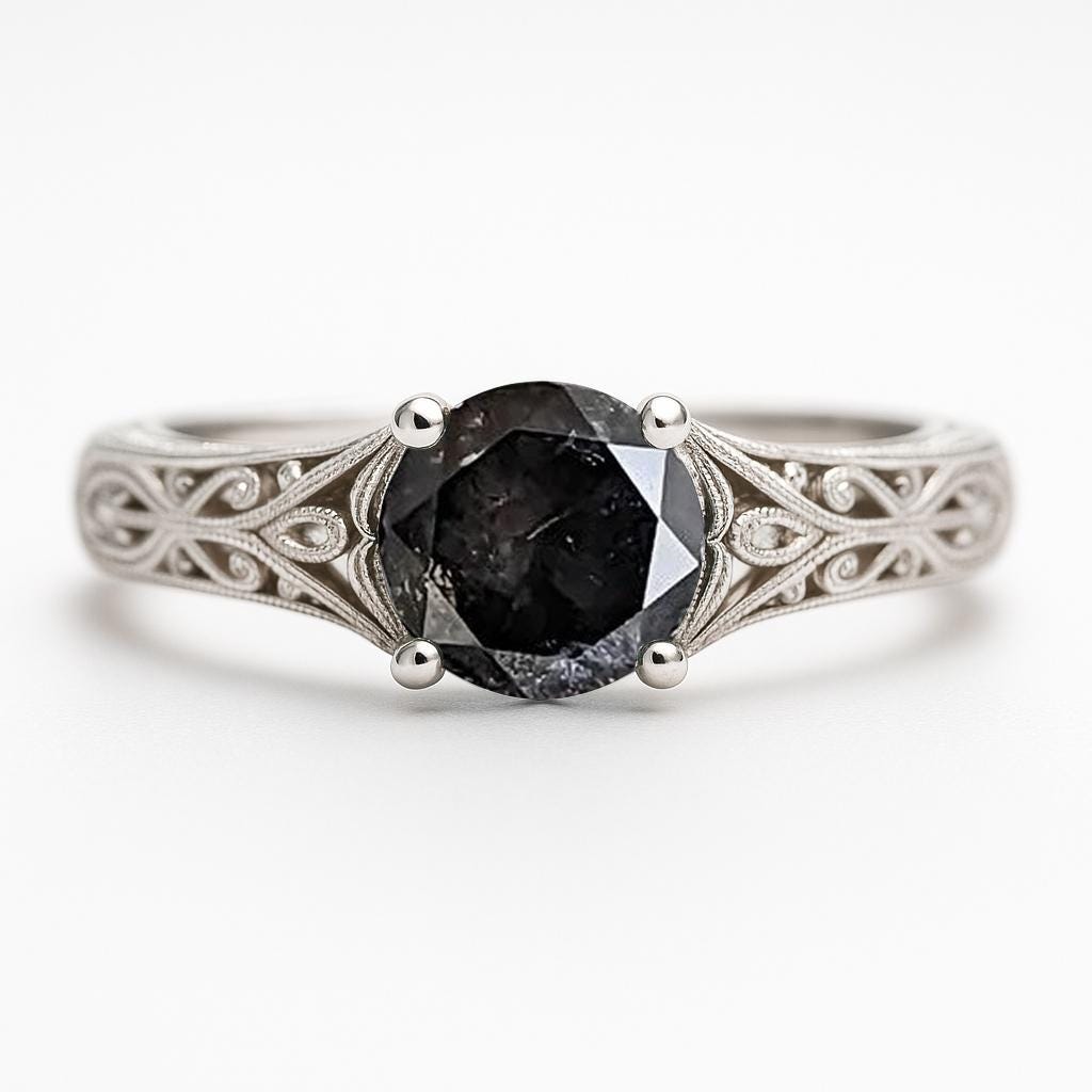 Antique Round Salt and Pepper Black Diamond Engagement Ring | Solid Gold Natural Diamond Solitaire Ring | Unique Filigree Ring | Promise Ring Hand Engraved