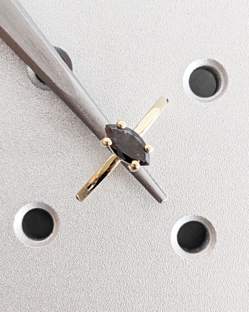 Marquise Salt and Pepper Diamond Engagement Ring | 14K Yellow Gold Dainty Diamond Ring | Minimalist Wedding Ring Set | Unique Gift for Wife