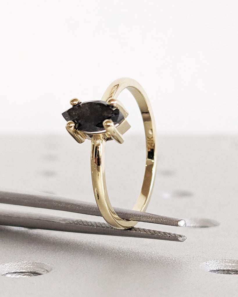 Marquise Salt and Pepper Diamond Engagement Ring | 14K Yellow Gold Dainty Diamond Ring | Minimalist Wedding Ring Set | Unique Gift for Wife