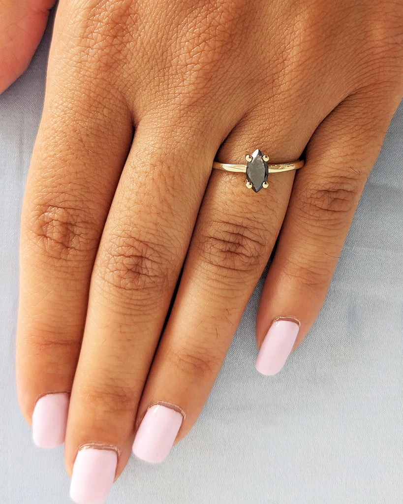 Marquise Salt and Pepper Diamond Engagement Ring | 14K Yellow Gold Dainty Diamond Ring | Minimalist Wedding Ring Set | Unique Gift for Wife