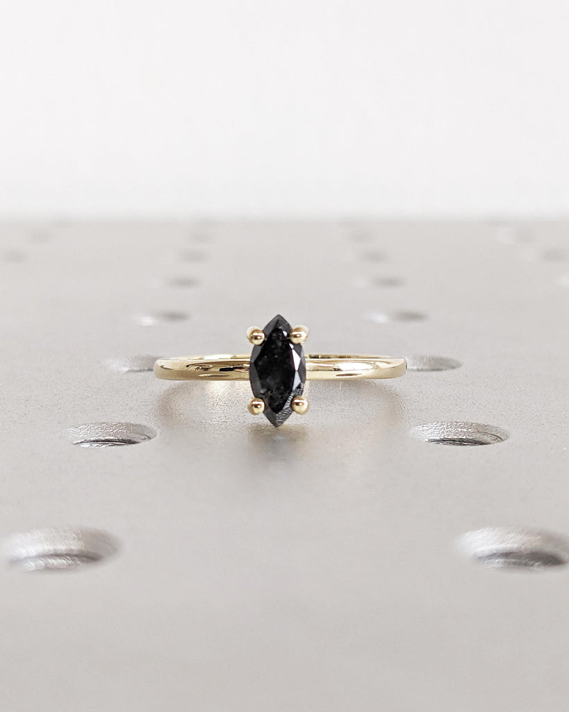 Marquise Salt and Pepper Diamond Engagement Ring | 14K Yellow Gold Dainty Diamond Ring | Minimalist Wedding Ring Set | Unique Gift for Wife