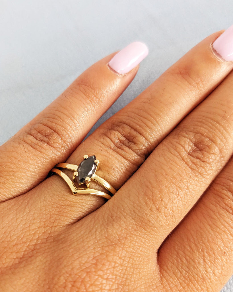 0.5-1.5ct Salt and Pepper Diamond Marquise Ring / 14K Yellow Gold Engagement Ring Set / Bridal Wedding Ring Set / Anniversary Gift for Women