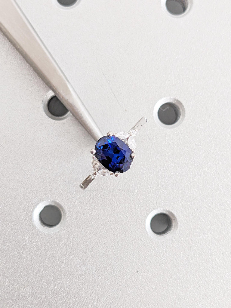 Lab Sapphire Ring, Round, Marquise Diamond Cluster Ring