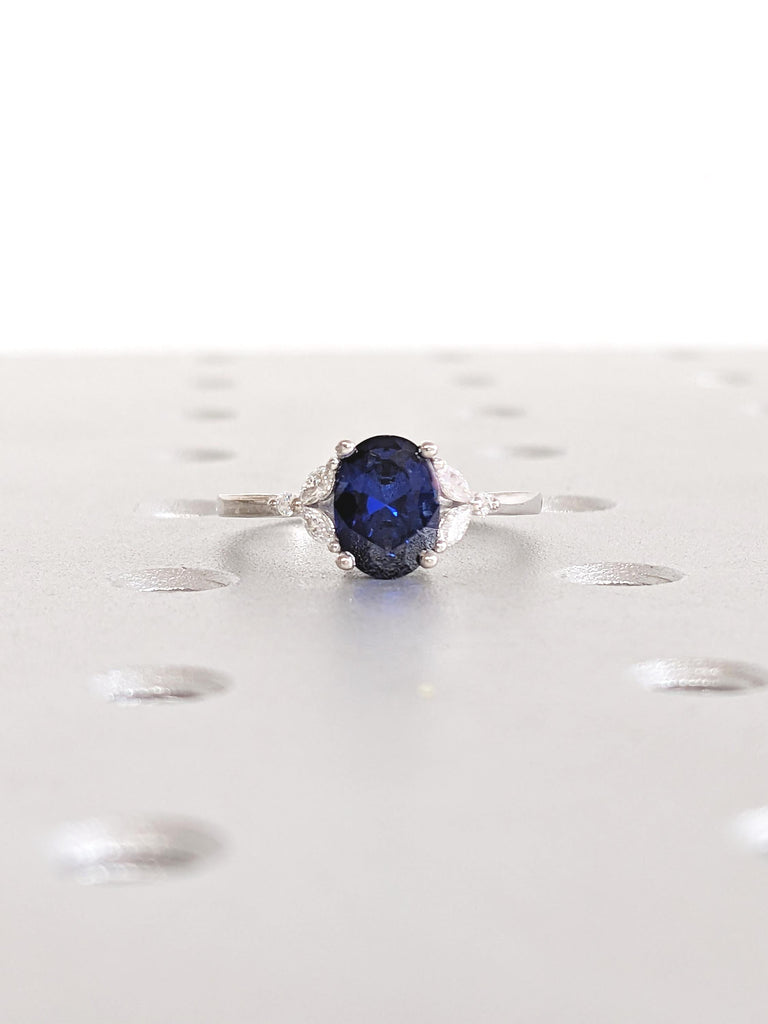 Oval Engagement Ring, Lab Sapphire Ring, 14k White Gold Ring, Round, Marquise Diamond Cluster Ring