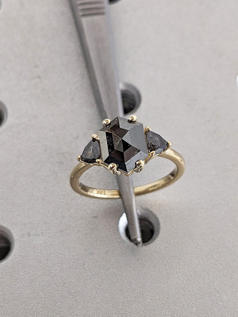 Hexagon cut Salt and Pepper Diamond Engagement Ring | Solid Gold Three Stone Diamond Ring | Hexagon Cut Engagement Ring | 14k Yellow Gold