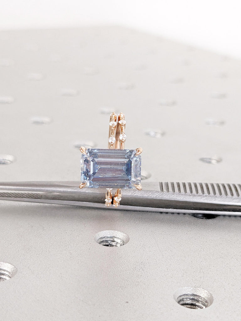 Dainty 14k Rose Gold Engagement Ring Set, Emerald Cut Moissanite Ring