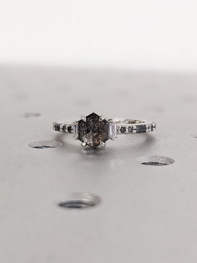 14K White Gold Geometric Salt And Pepper Diamond Engagement Ring, Dainty Baguette Cut White Diamond Ring, Pavé Salt And Pepper Diamond Band