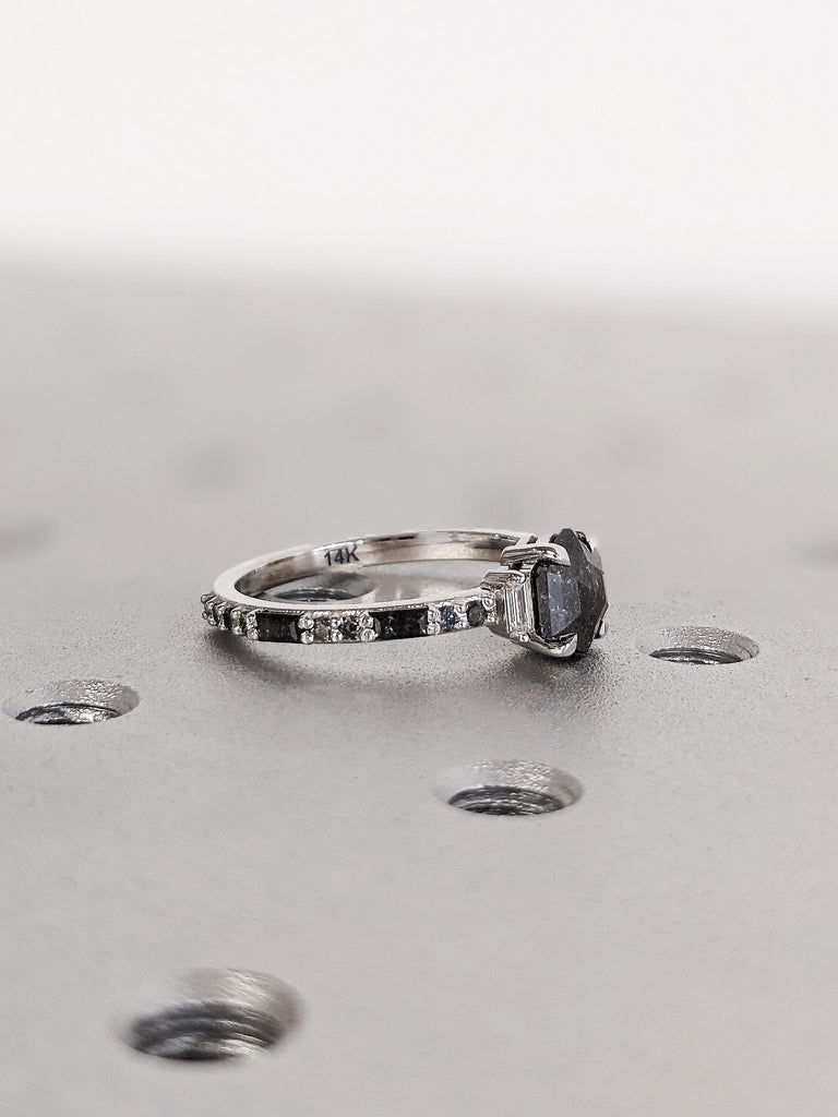 14K White Gold Geometric Salt And Pepper Diamond Engagement Ring, Dainty Baguette Cut White Diamond Ring, Pavé Salt And Pepper Diamond Band