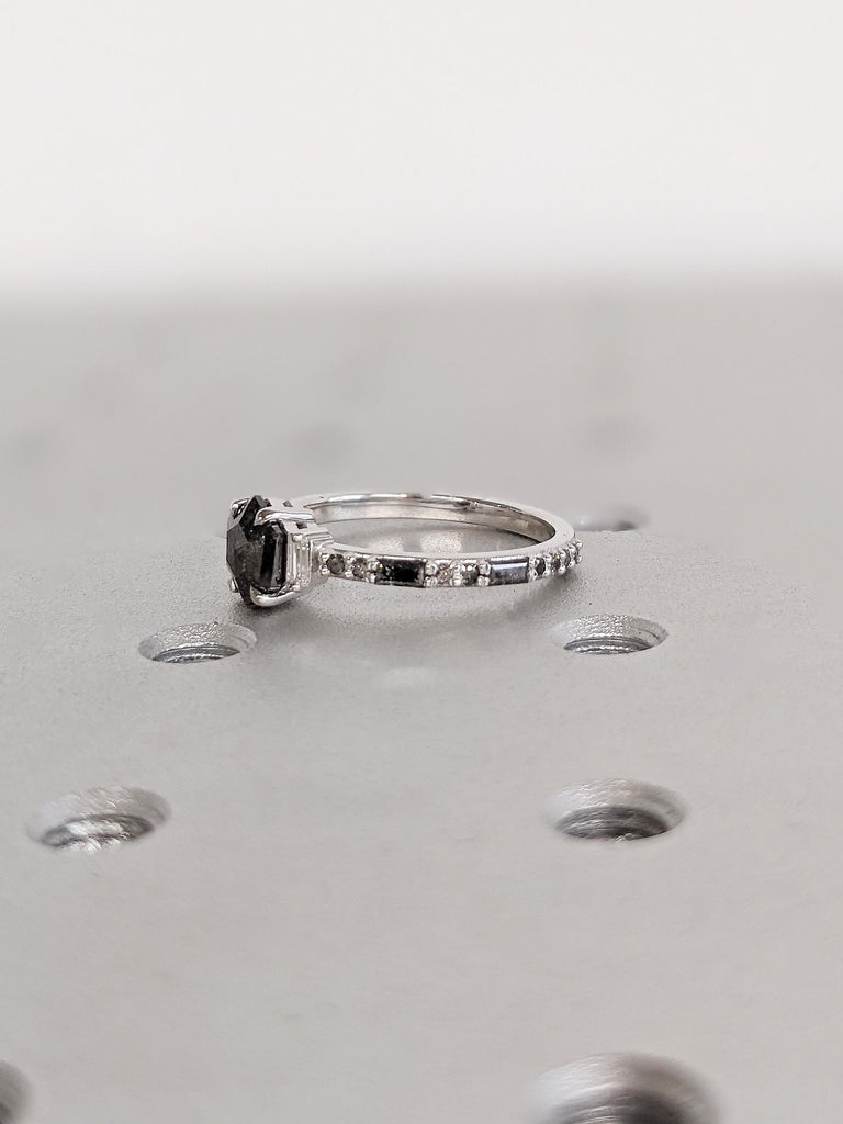 Vintage Hexagon Raw Salt And Pepper Diamond Engagement Ring, 14K Solid White Gold Baguette Diamond Ring, Galaxy Salt & Pepper Ring For Her
