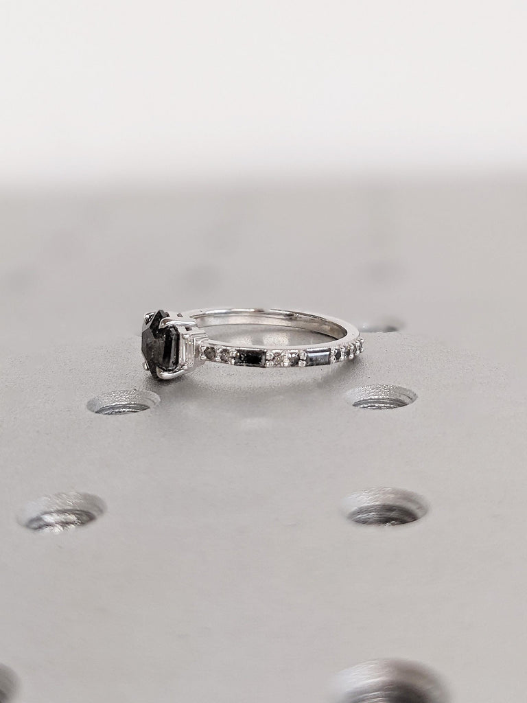 14K White Gold Geometric Salt And Pepper Diamond Engagement Ring, Dainty Baguette Cut White Diamond Ring, Pavé Salt And Pepper Diamond Band