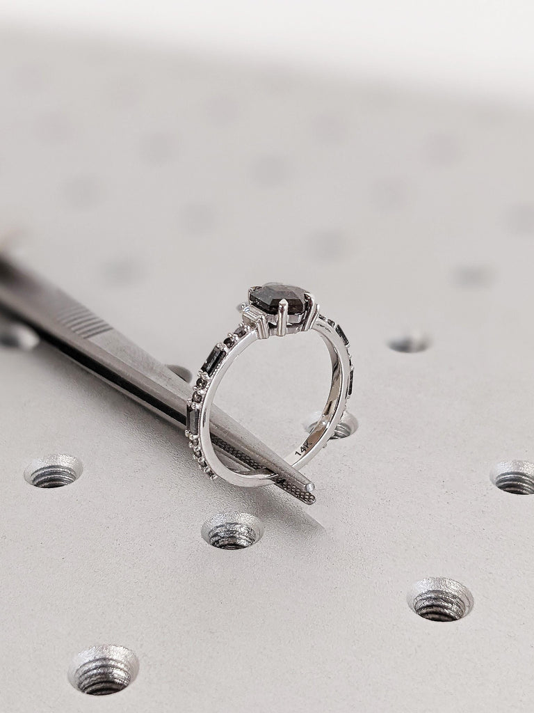 14K White Gold Geometric Salt And Pepper Diamond Engagement Ring, Dainty Baguette Cut White Diamond Ring, Pavé Salt And Pepper Diamond Band