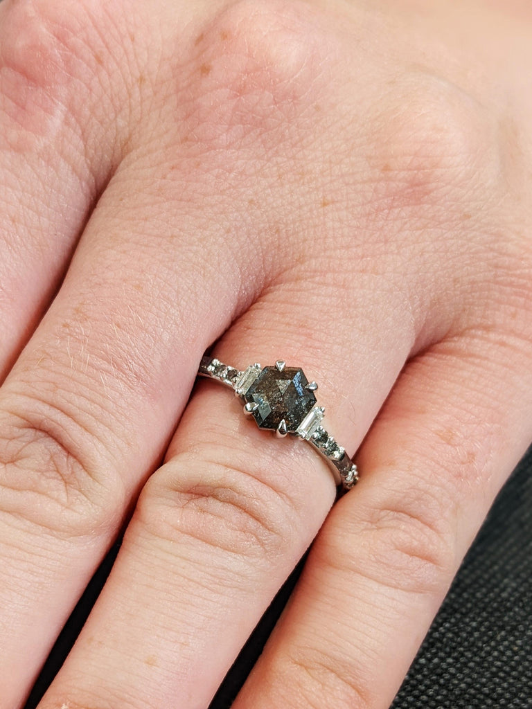 14K White Gold Geometric Salt And Pepper Diamond Engagement Ring, Dainty Baguette Cut White Diamond Ring, Pavé Salt And Pepper Diamond Band