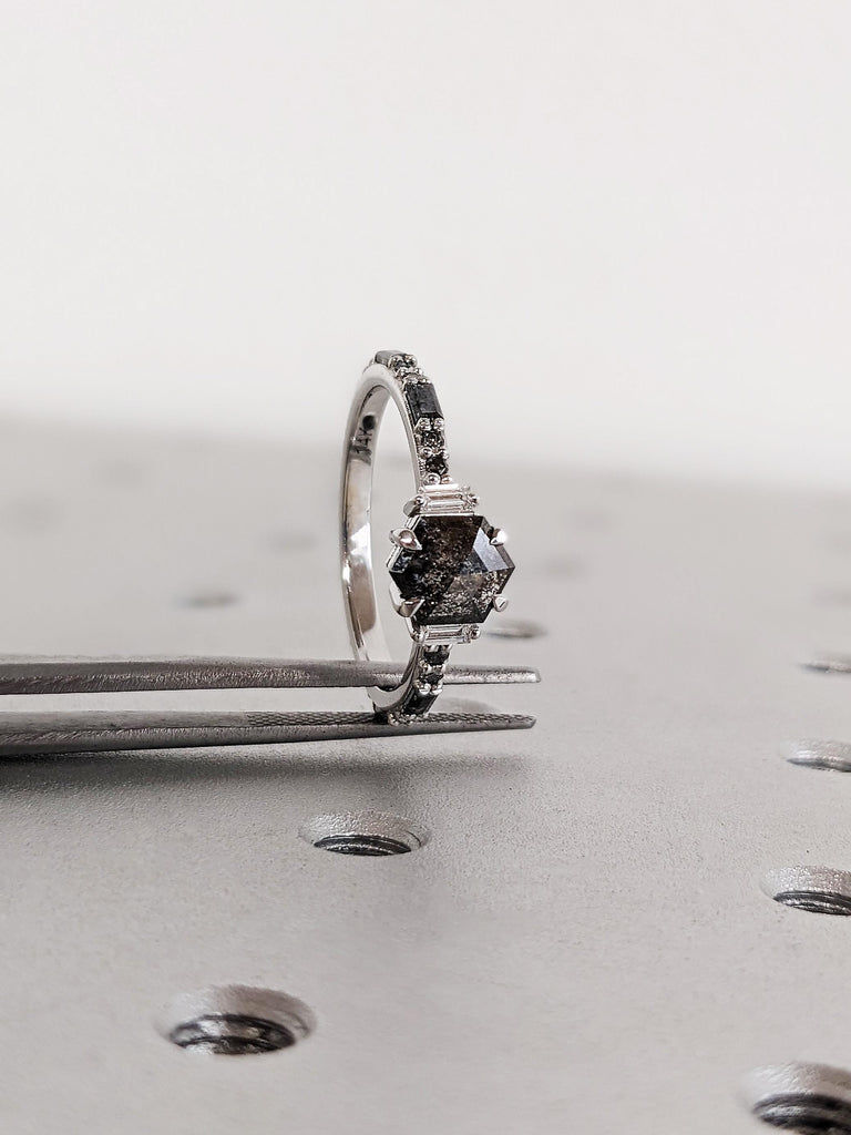 Vintage Hexagon Raw Salt And Pepper Diamond Engagement Ring, 14K Solid White Gold Baguette Diamond Ring, Galaxy Salt & Pepper Ring For Her