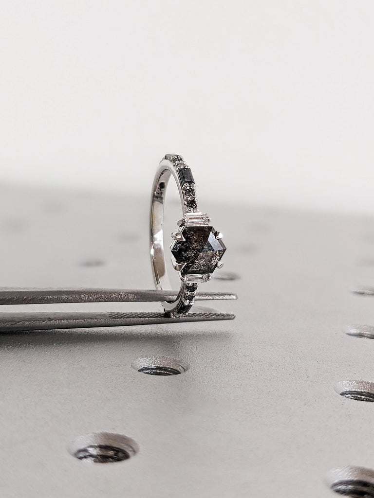 14K White Gold Geometric Salt And Pepper Diamond Engagement Ring, Dainty Baguette Cut White Diamond Ring, Pavé Salt And Pepper Diamond Band