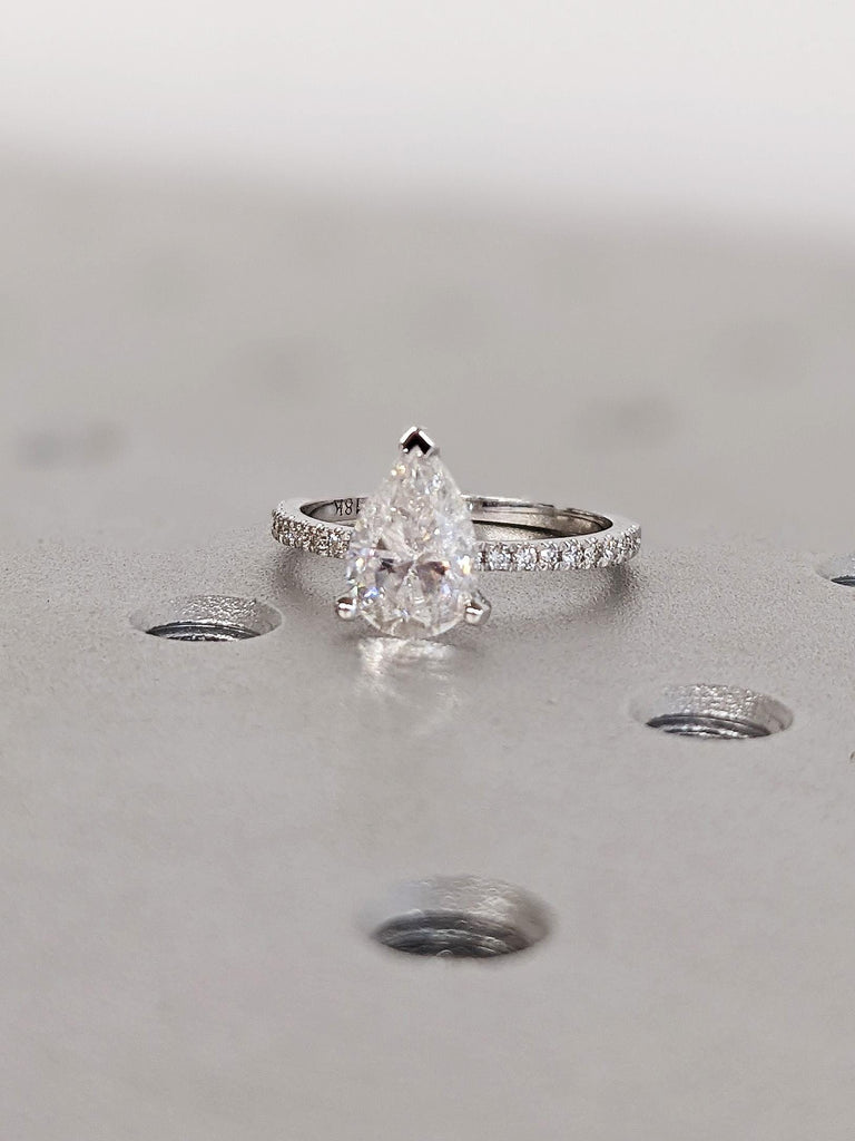 18K White Gold Vintage Lab Grown Diamond Engagement Ring, Pear Cut Diamond Pavé Wedding Band, Bridal Jewelry image #10