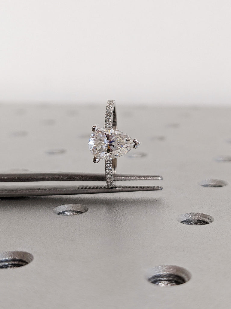 18K White Gold Vintage Lab Grown Diamond Engagement Ring, Pear Cut Diamond Pavé Wedding Band, Bridal Jewelry image #9