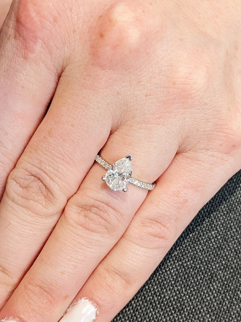 18K White Gold Vintage Lab Grown Diamond Engagement Ring, Pear Cut Diamond Pavé Wedding Band, Bridal Jewelry image #3