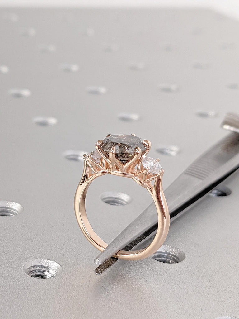 Salt and Pepper Diamond Ring | Round cut Diamond Engagement Ring | 14K Rose Gold Diamond Alternative Bridal Ring | Bridal Ring for Wedding