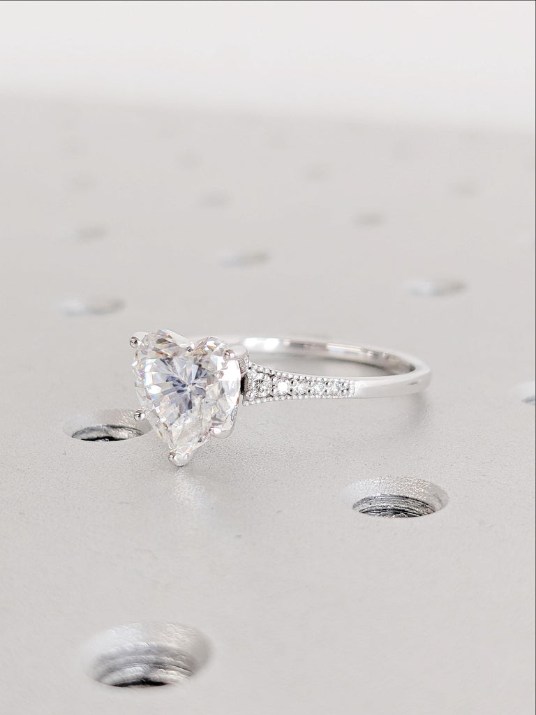 14K White Gold Heart Moissanite Ring | Vintage Art Deco Milgrain Engagement Ring | Unique Bridal Jewelry | Wedding Anniversary Gift for Her