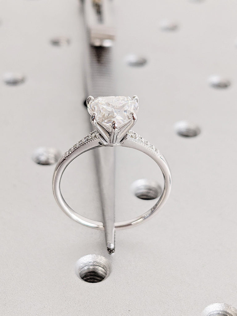 14K White Gold Heart Moissanite Ring | Vintage Art Deco Milgrain Engagement Ring | Unique Bridal Jewelry | Wedding Anniversary Gift for Her