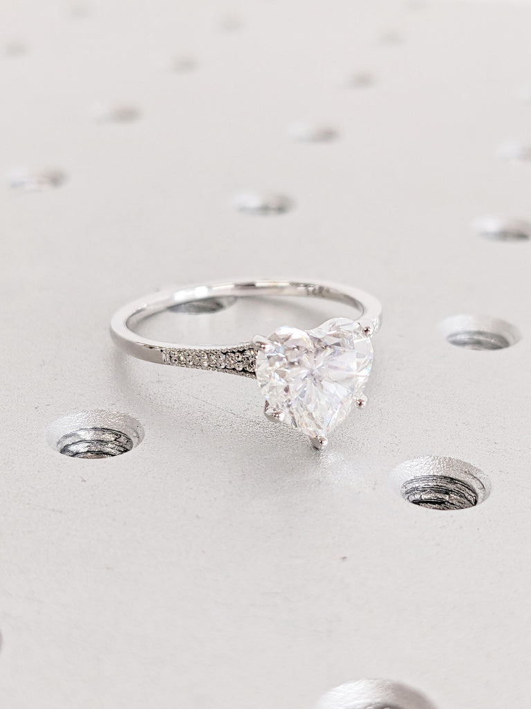 14K White Gold Heart Moissanite Ring | Vintage Art Deco Milgrain Engagement Ring | Unique Bridal Jewelry | Wedding Anniversary Gift for Her image #10