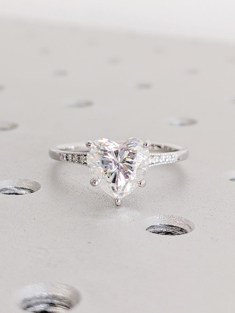14K White Gold Heart Moissanite Ring | Vintage Art Deco Milgrain Engagement Ring | Unique Bridal Jewelry | Wedding Anniversary Gift for Her image #4