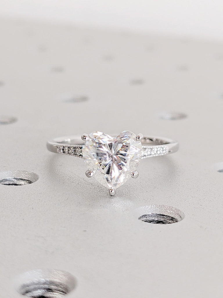 14K White Gold Heart Moissanite Ring | Vintage Art Deco Milgrain Engagement Ring | Unique Bridal Jewelry | Wedding Anniversary Gift for Her