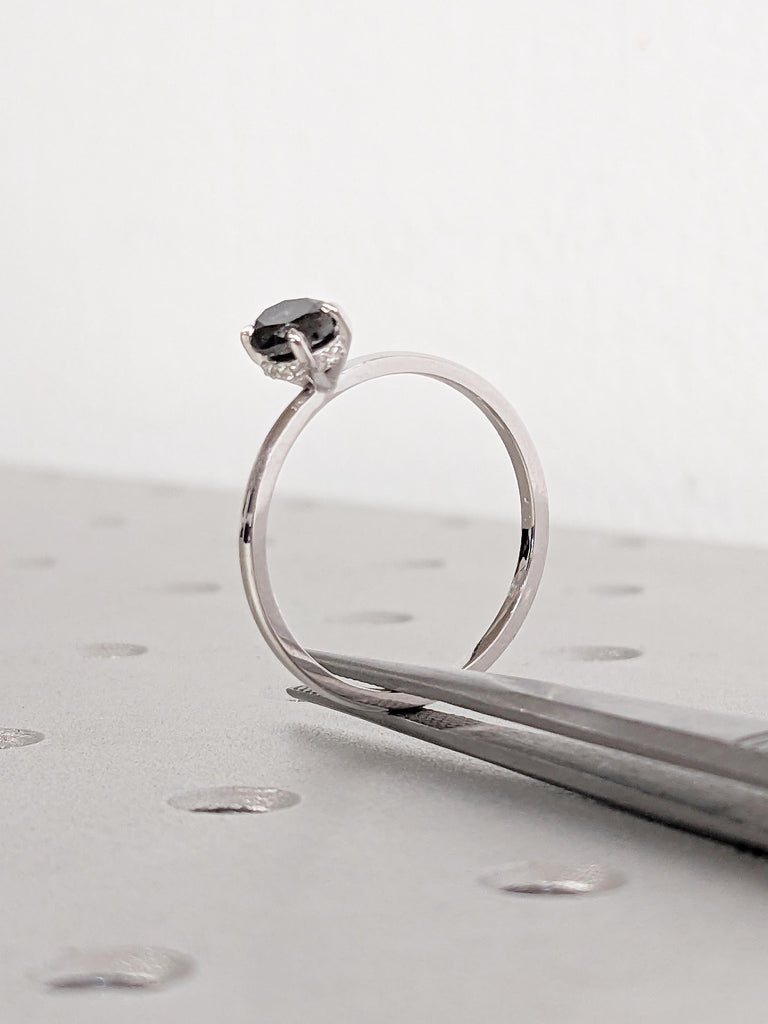 Salt and Pepper Diamond Ring, Oval Engagement Ring, Dainty 14k White Gold Ring, Minimalist Ring, Moissanite Hidden Halo Ring, Oval Cut Ring
