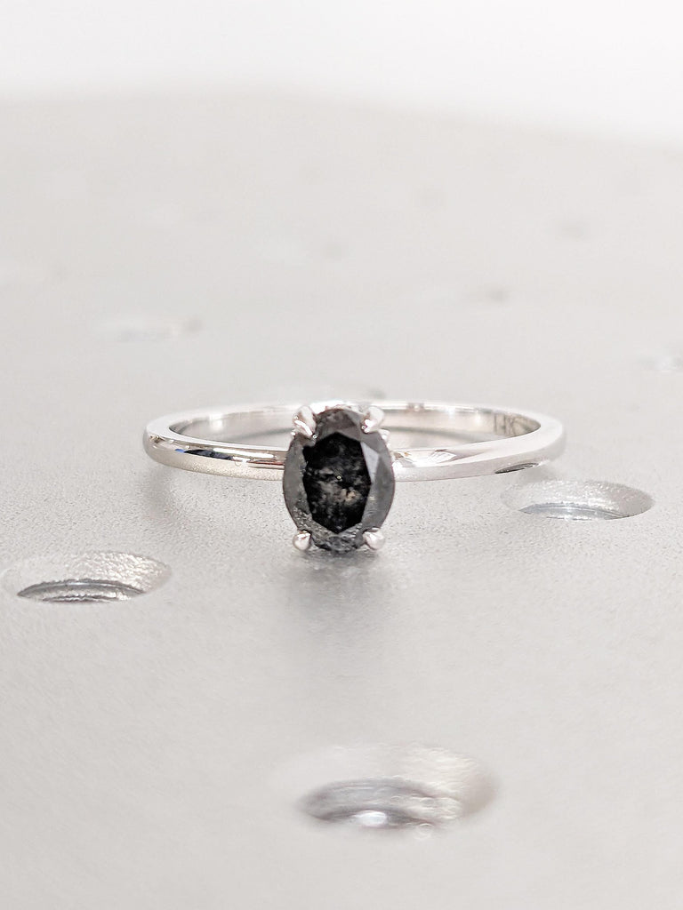 Salt and Pepper Diamond Ring, Oval Engagement Ring, Dainty 14k White Gold Ring, Minimalist Ring, Moissanite Hidden Halo Ring, Oval Cut Ring