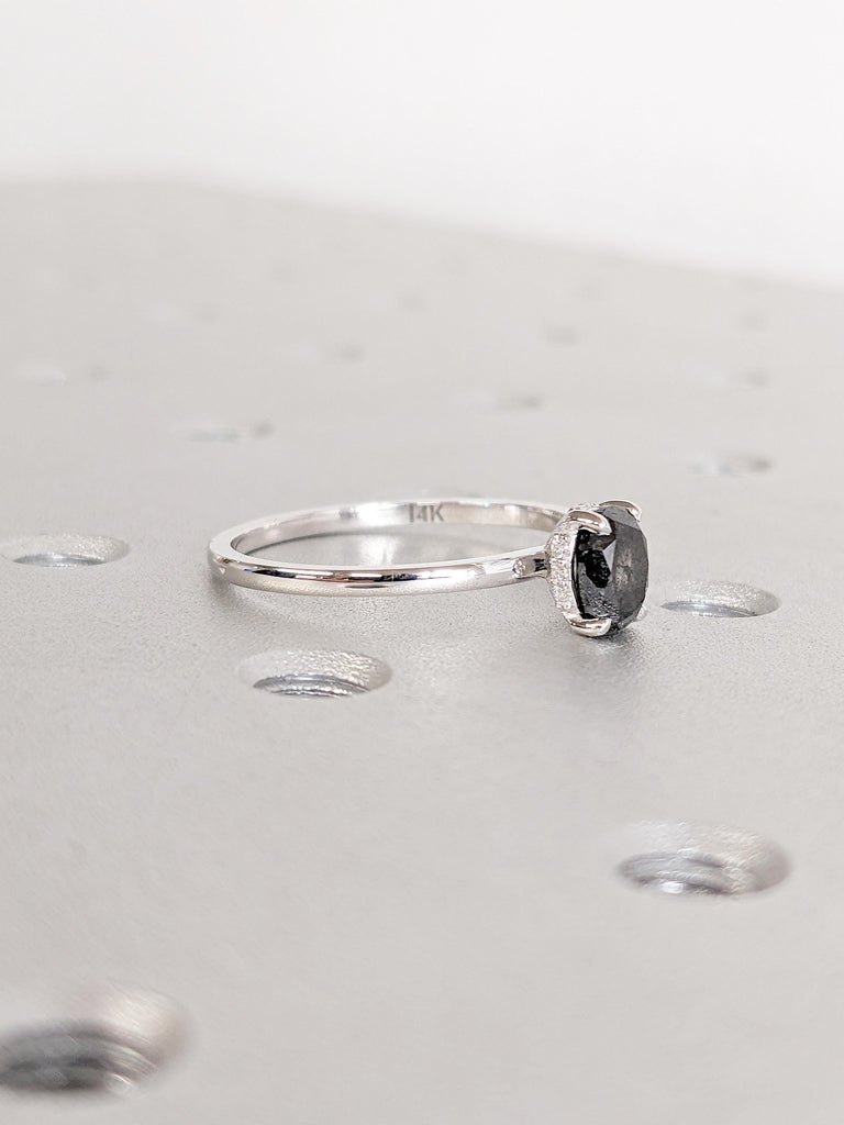 Salt and Pepper Diamond Ring, Oval Engagement Ring, Dainty 14k White Gold Ring, Minimalist Ring, Moissanite Hidden Halo Ring, Oval Cut Ring