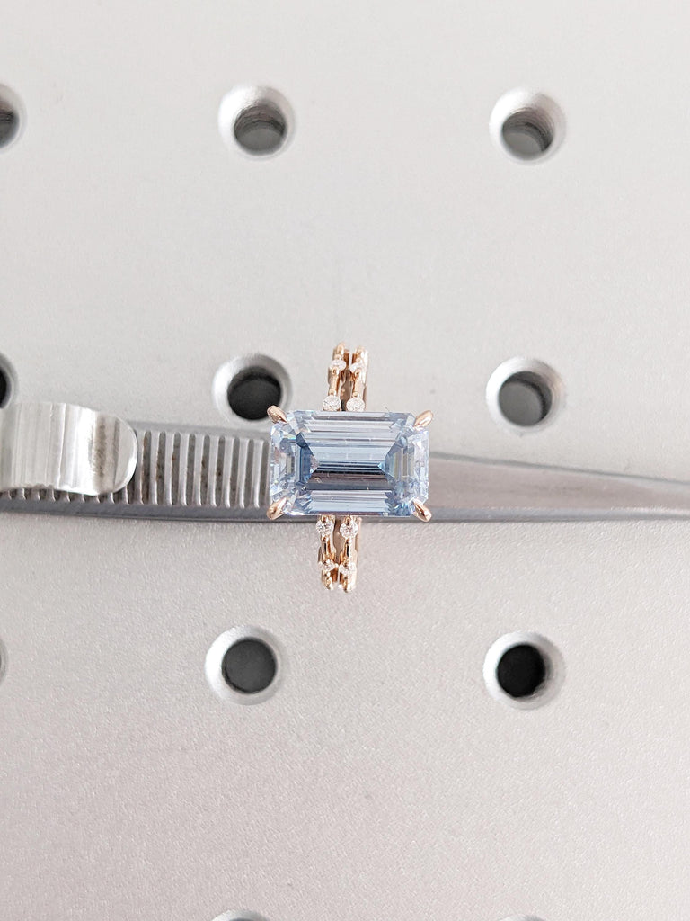 Unique Blue Grey Moissanite Engagement Ring, Half Eternity Rose Gold
