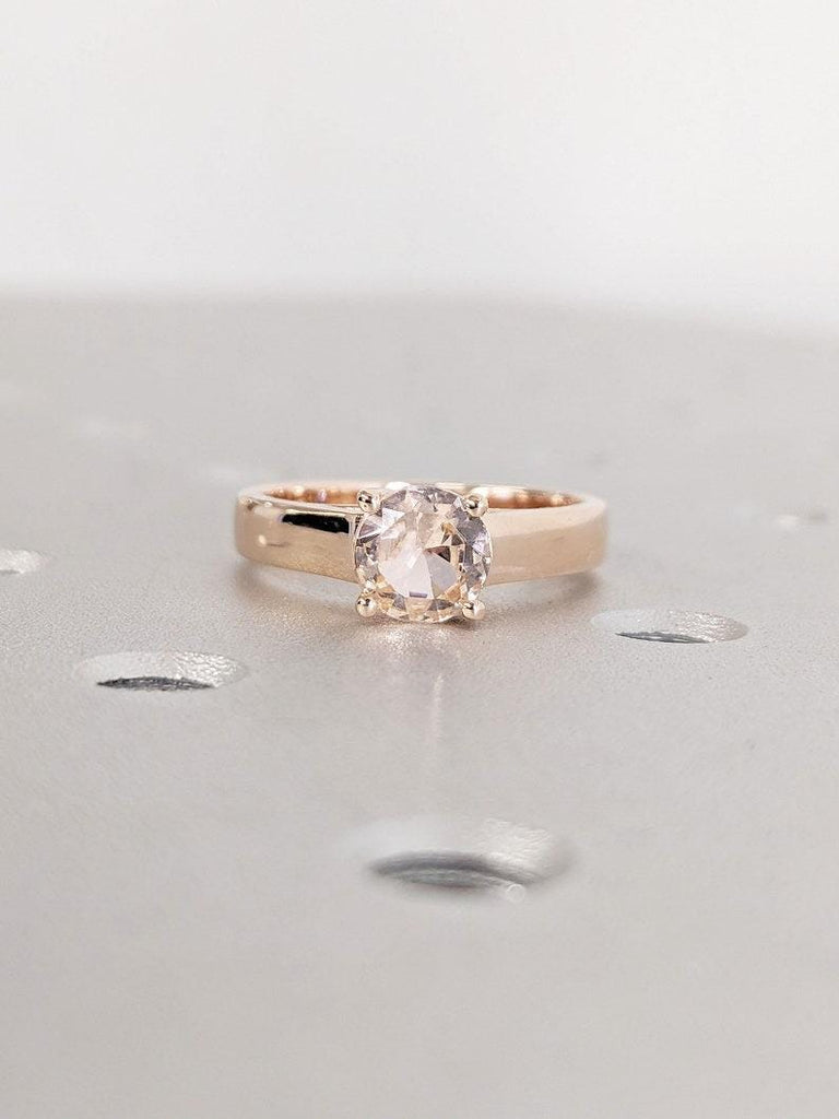 June Birthstone Round cut Pink Peach Morganite Proposal Ring | 14k Rose Gold Solitaire Ring | Plain Wide Band Gold Engagement Rings for Her
