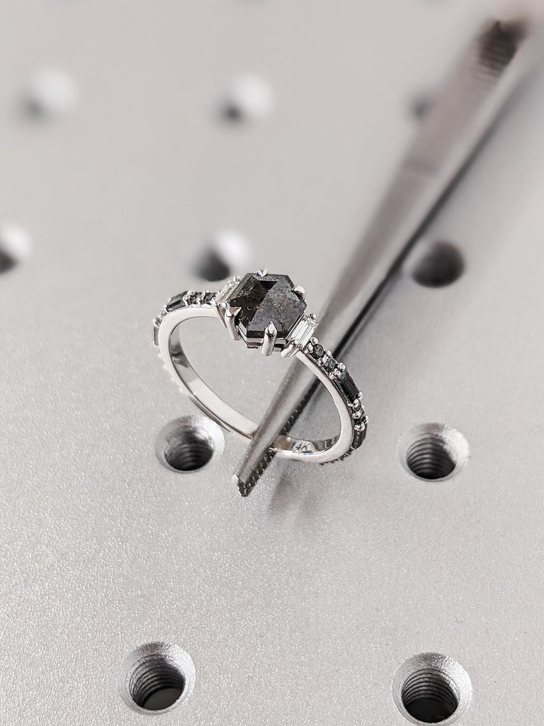 14K White Gold Geometric Salt And Pepper Diamond Engagement Ring, Dainty Baguette Cut White Diamond Ring, Pavé Salt And Pepper Diamond Band